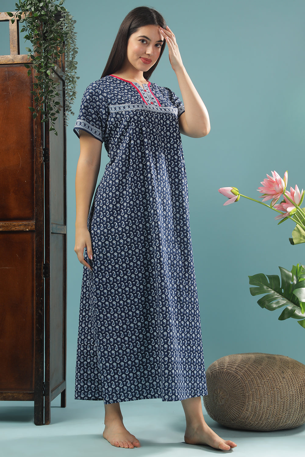 Naidu Hall Round Neck Half Sleeve Pull-On Nighty - Navy - NT32