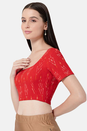 Naiduhall Princess Cut Round Neck Short Sleeve Ikat Blouse - Red - BU10