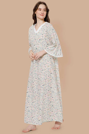 Naidu Hall V Neck Printed Nighty with Long Bell Sleeves - Green - NT40