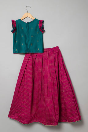Chittythalli Knife Pleat Sleeve With Stylized Neck Line & Box Pleat Skirt  Pavadai Set -  Teal Green  - PS51
