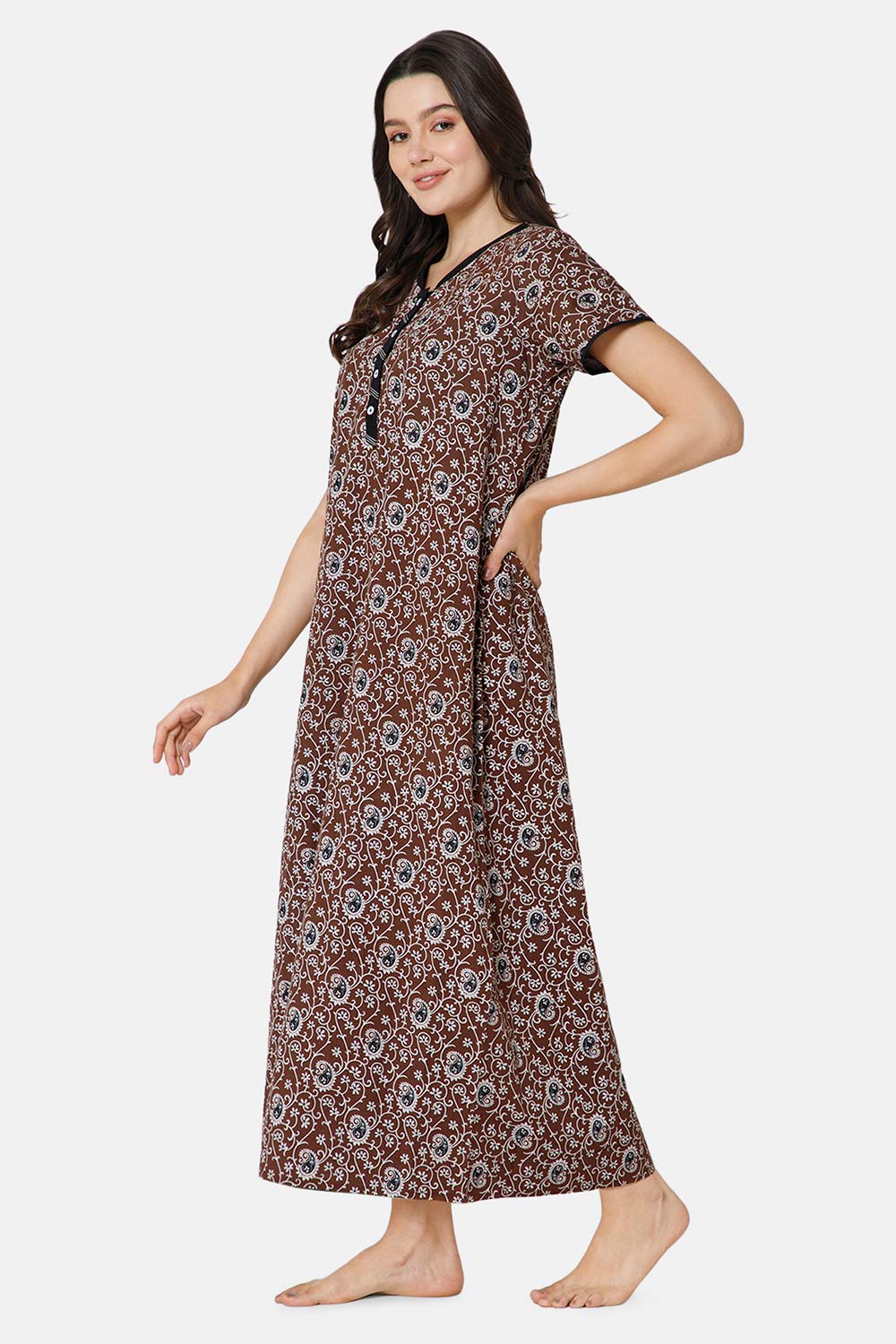 Naidu Hall A-line Front Open Women's Nighty Full Length Half Sleeve  - Brown - R122