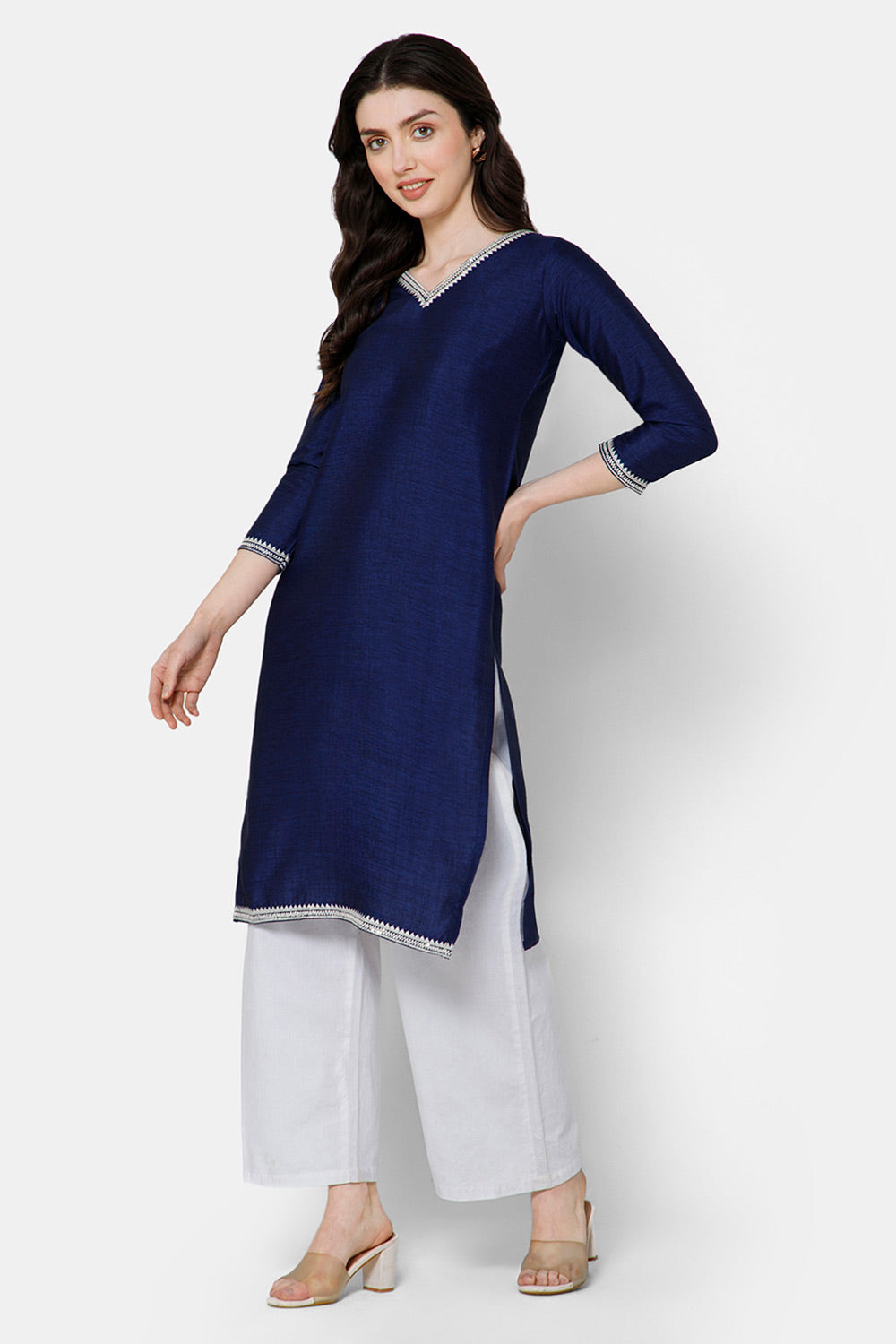 Mythri Women's Casual Kurthi with Minimalistic Embroidery At The Neckline - Blue - E075
