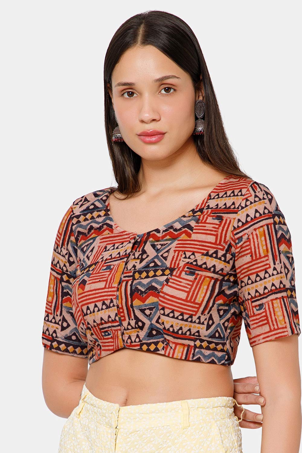 Naidu Hall Women’s Blouse Cotton Kalamkari Padded Front Open U Neck Princess Cut Elbow Sleeve Saree Blouse - Red - BU17