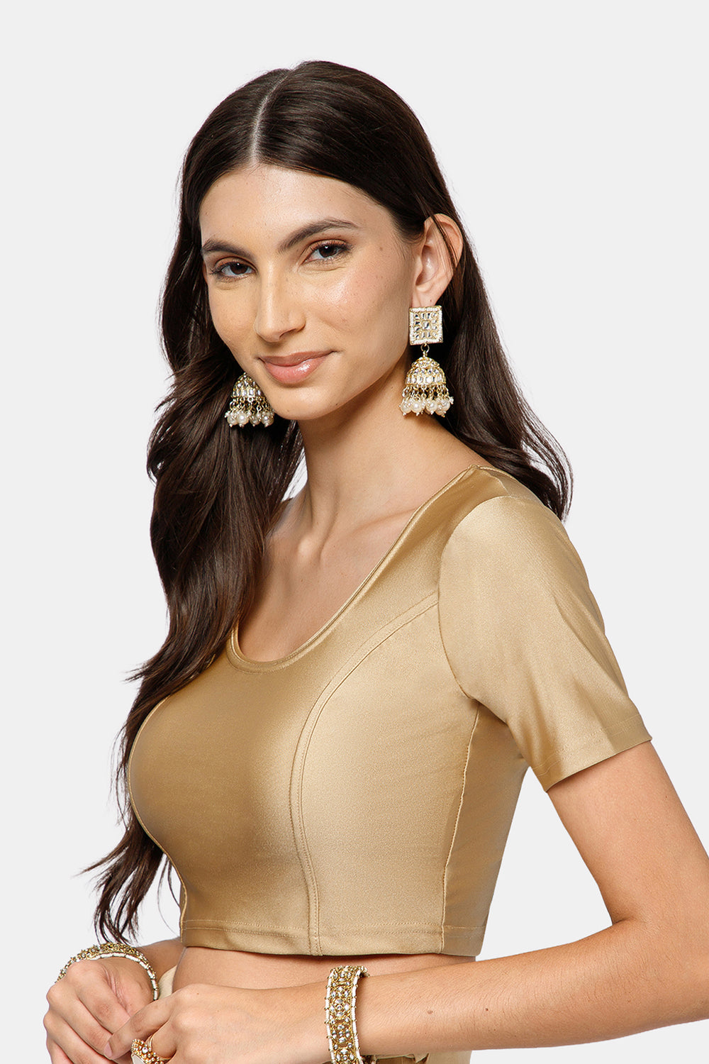 Naidu Hall Women’s Shimmer Knitted Saree Blouse | Silk Blend Round Neck Short Sleeve Ready to Wear Blouse | Regular Fit Solid Stretch Blouse for Sarees - Skin Shimmer