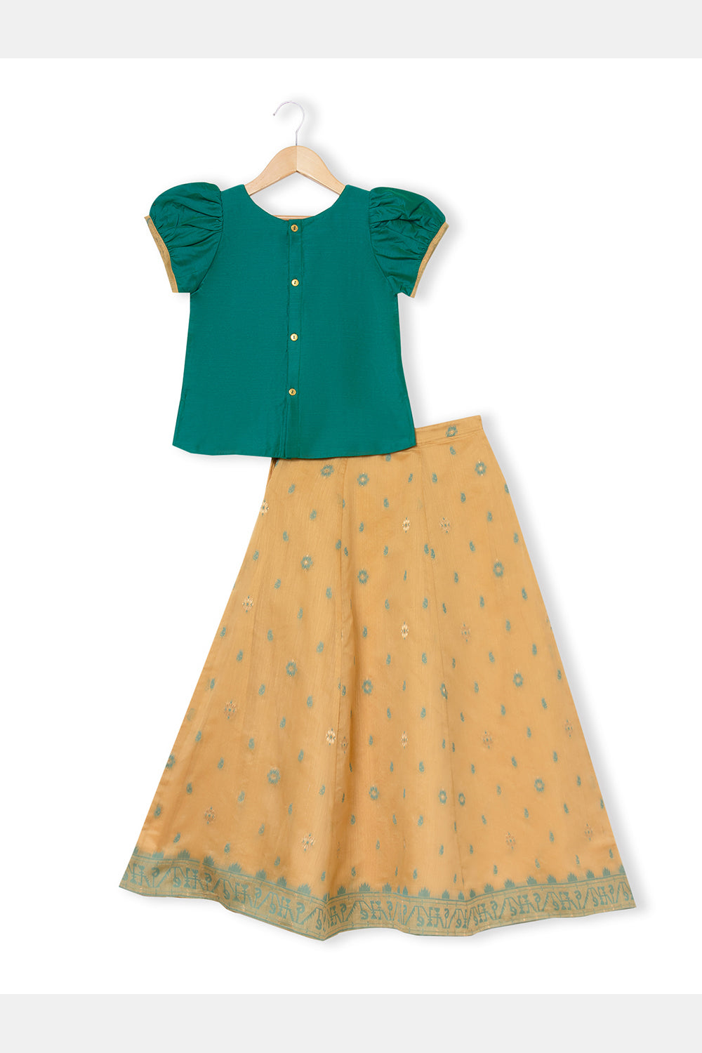 Chittythalli Girls Pavadai Set with Puff Sleeve Top & Embroidered Kali Skirt - Teal Green - PS76