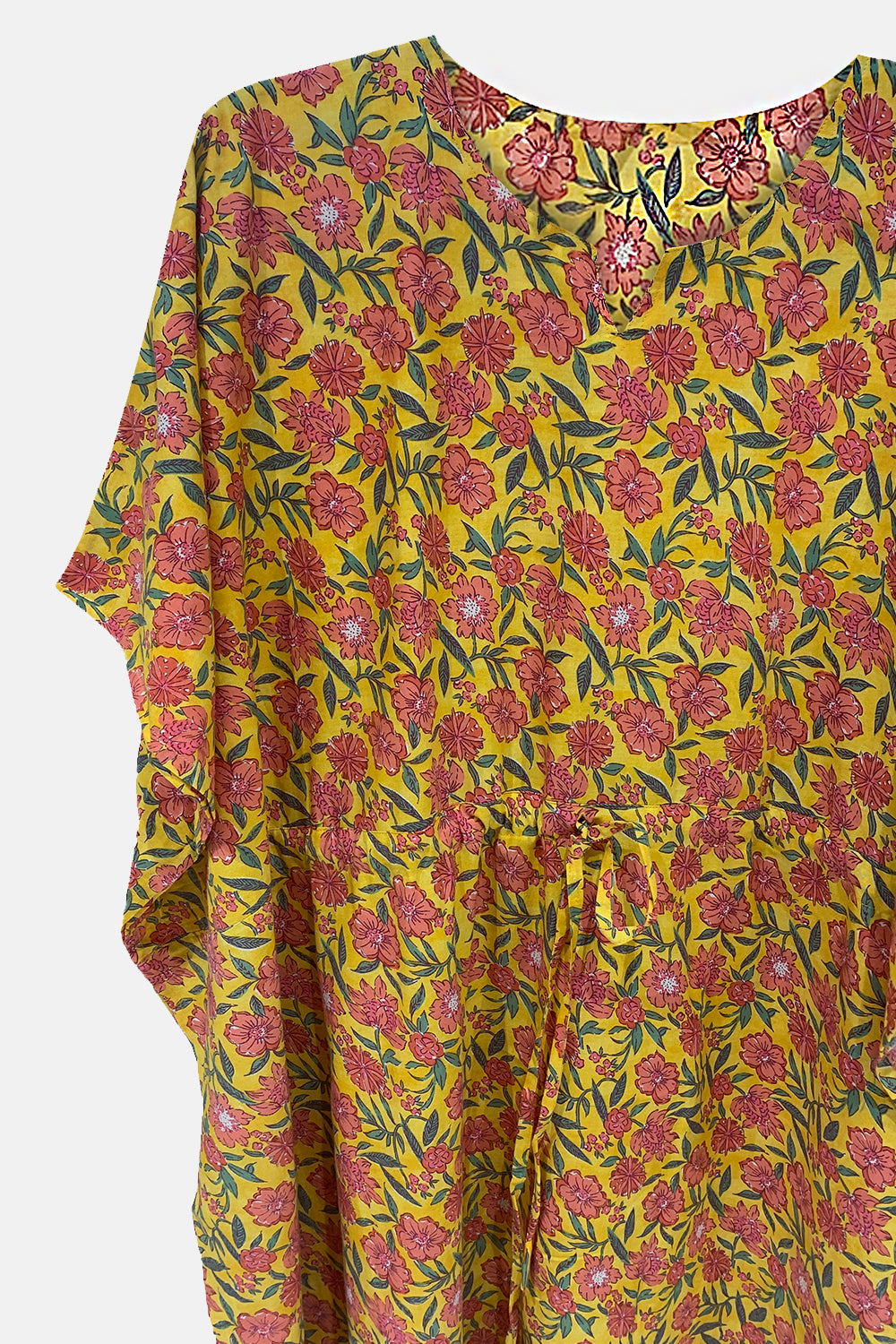 Naidu Hall Round Neck Kaftan Style Printed Nighty - Yellow  - NT65