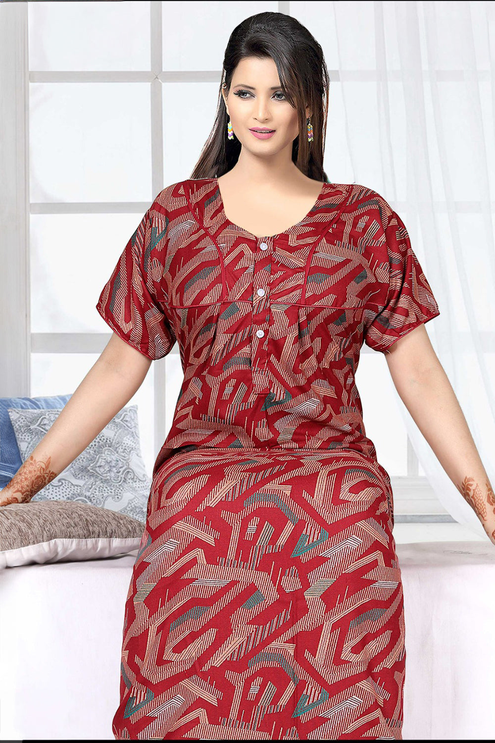 Women's Alpine Pure Cotton Printed Nighty | Round Neck Short Sleeve Full Length Night Gown for Women | Relax Fit Soft Cotton Sleepwear - 3001