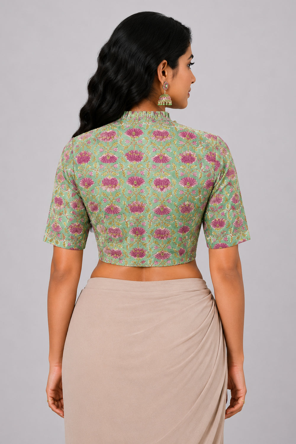 Women's Cotton Blend Printed Saree Blouse | Ruffle Collar Elbow Sleeve Readymade Blouse | Regular Fit Woven Ethnic Blouse | 3016