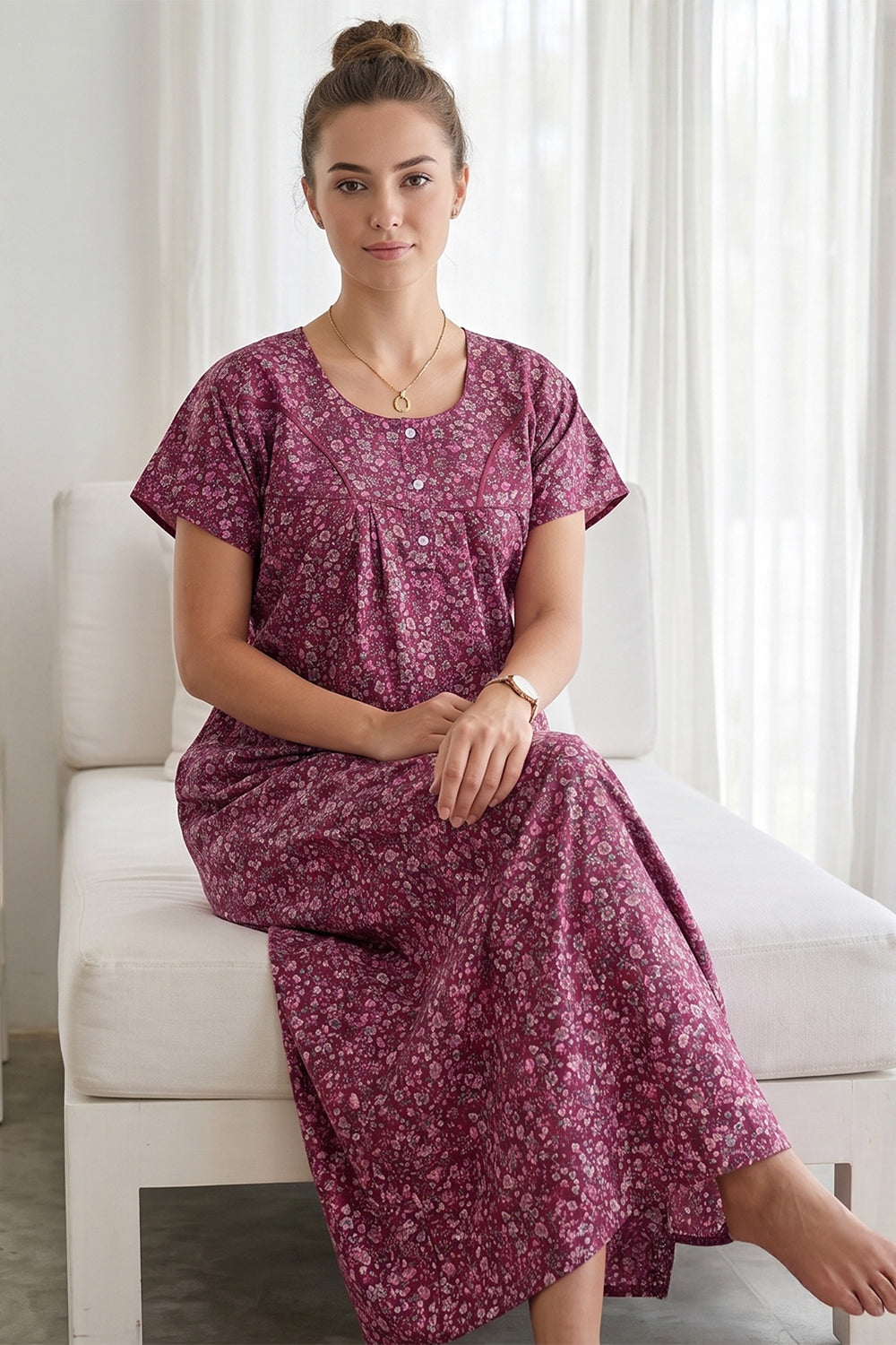 Women’s Poly Viscose Printed Pleated Nighty | Full Length Round Neck Night Dress with Short Sleeves | Regular Fit Daily Wear Sleepwear & Loungewear - 3032