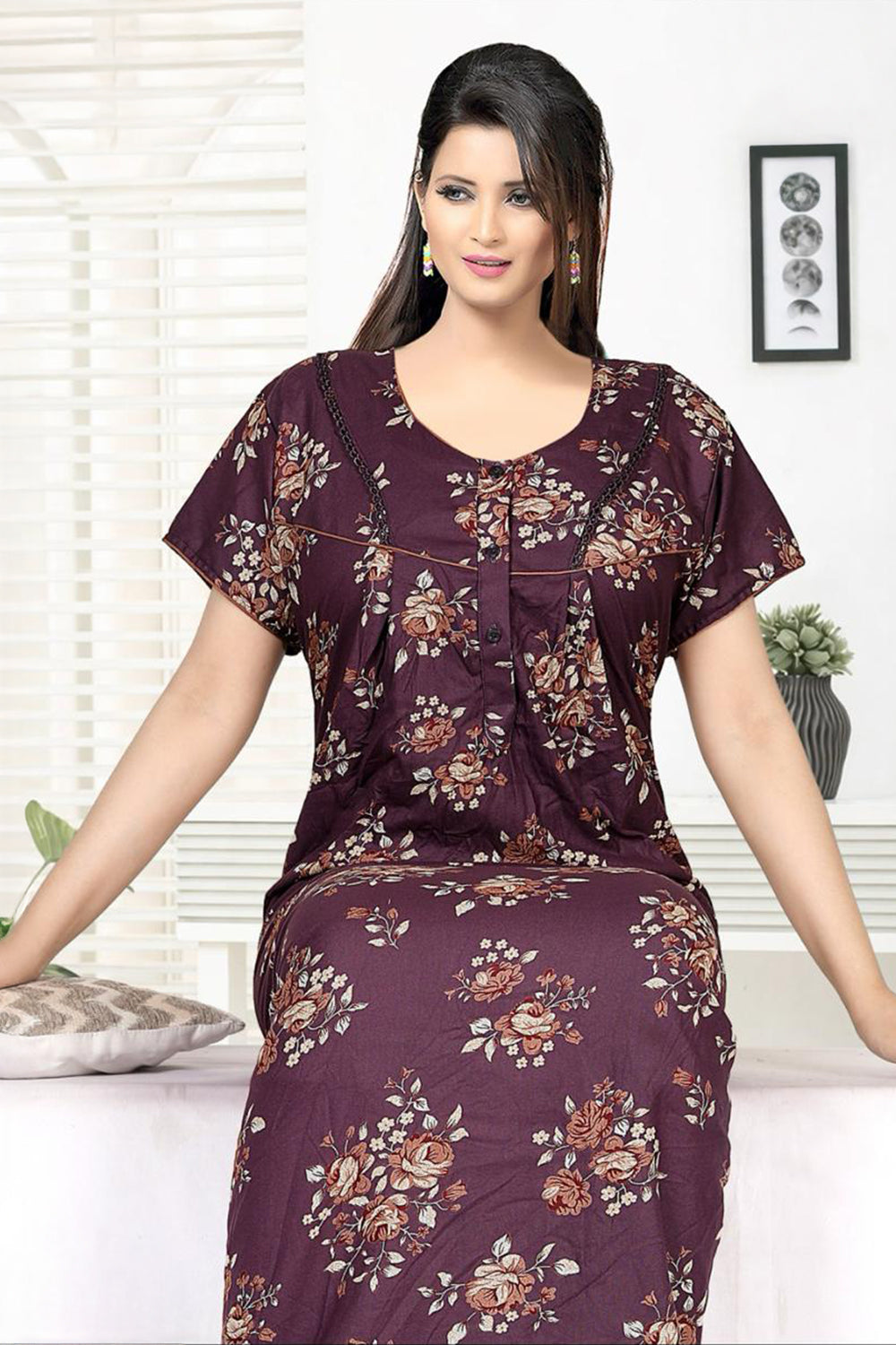 Women’s Cotton Blend Printed Pleated Nighty | Full Length Round Neck Night Dress with Short Sleeves | Regular Fit Daily Wear Sleepwear & Loungewear - 3045