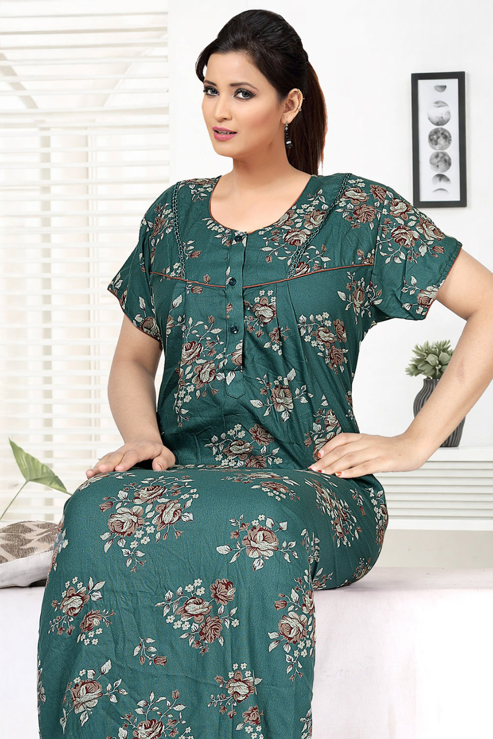 Women’s Cotton Blend Printed Pleated Nighty | Full Length Round Neck Night Dress with Short Sleeves | Regular Fit Daily Wear Sleepwear & Loungewear - 3045