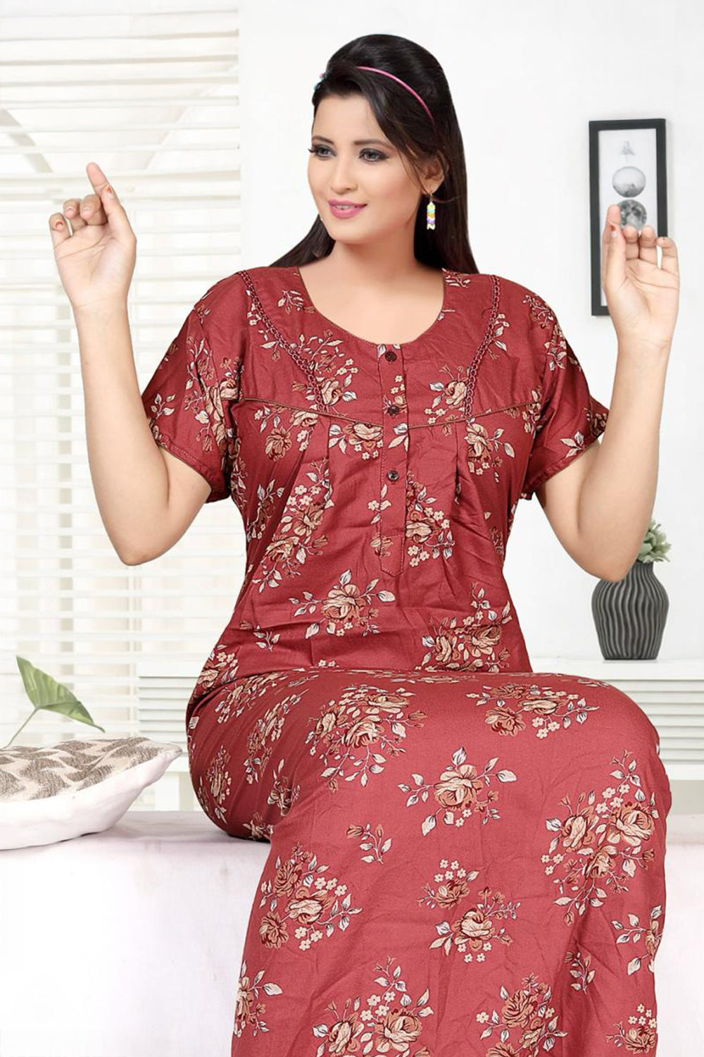 Women’s Cotton Blend Printed Pleated Nighty | Full Length Round Neck Night Dress with Short Sleeves | Regular Fit Daily Wear Sleepwear & Loungewear - 3045