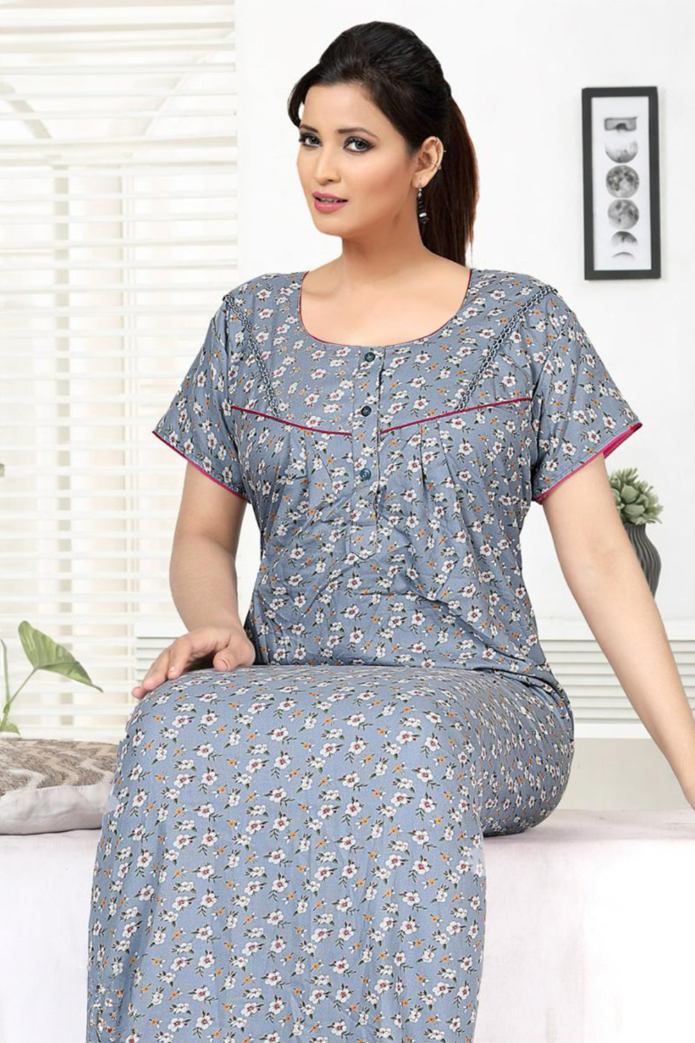 Women's Alpine Pure Cotton Printed Nighty | Round Neck Short Sleeve Full Length Night Gown for Women | Relax Fit Soft Cotton Sleepwear - 3046