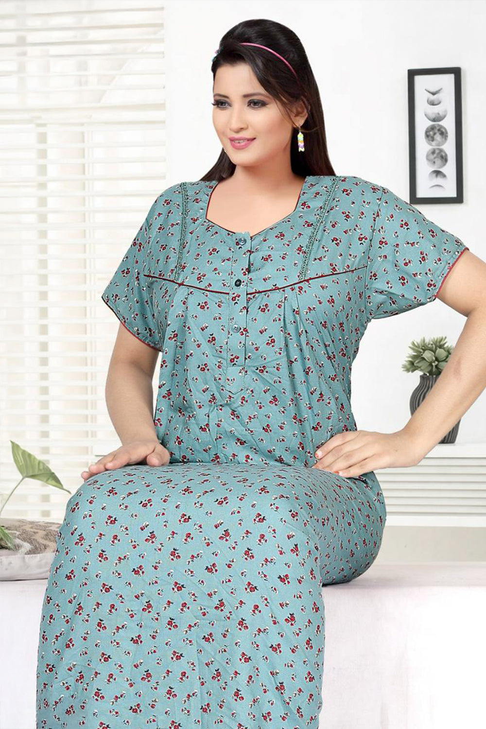 Women’s Cotton Blend Printed Pleated Nighty | Full Length Round Neck Night Dress with Short Sleeves | Regular Fit Daily Wear Sleepwear & Loungewear - 3047
