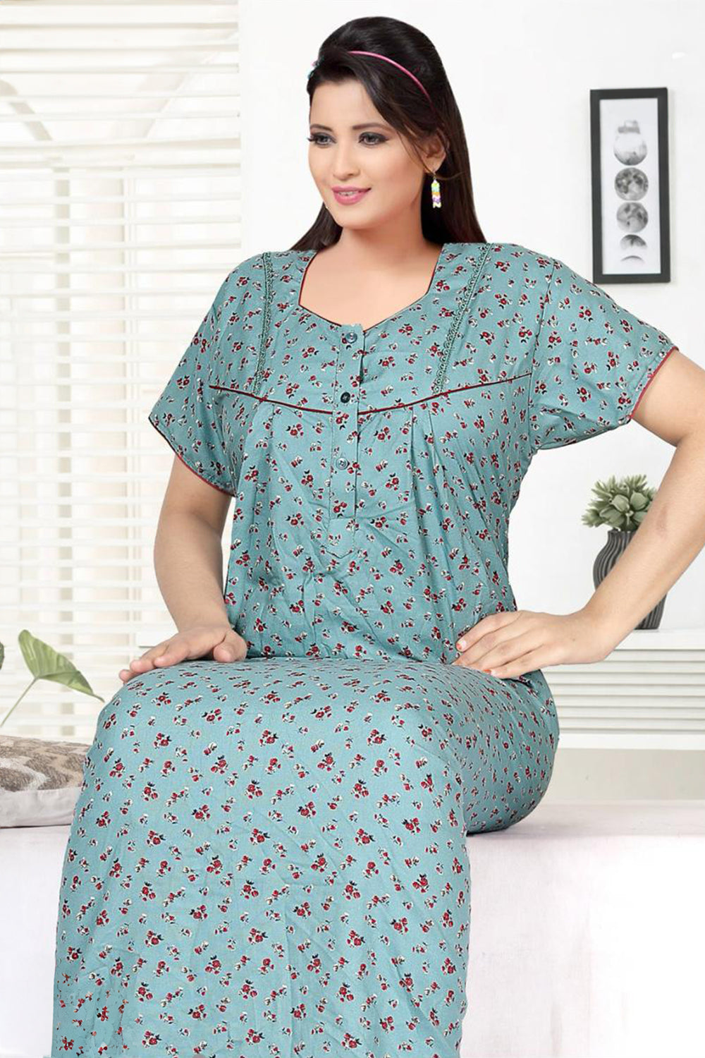 Women's Alpine Pure Cotton Printed Nighty | Round Neck Short Sleeve Full Length Night Gown for Women | Relax Fit Soft Cotton Sleepwear - 3047