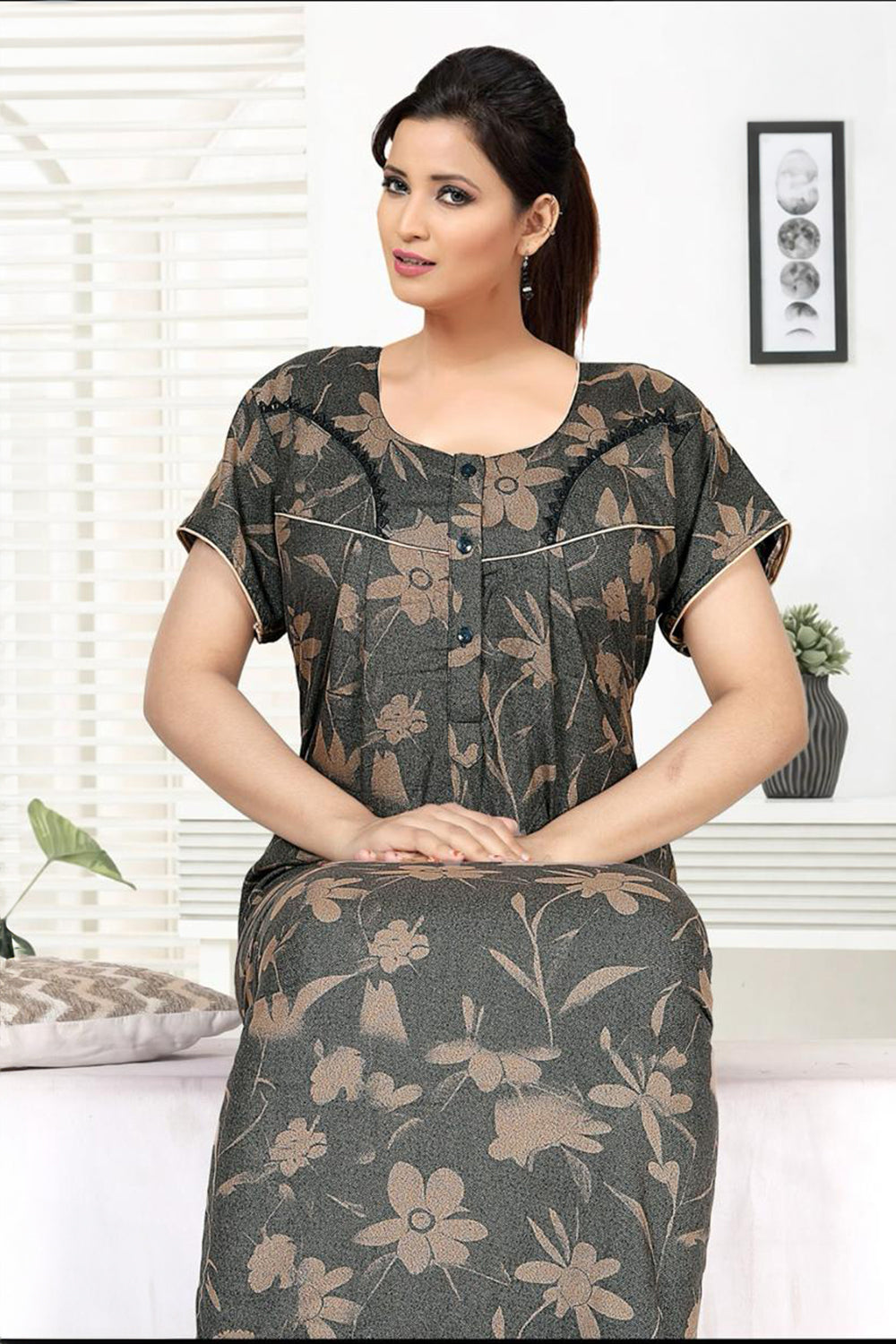 Women's Alpine Pure Cotton Printed Nighty | Round Neck Short Sleeve Full Length Night Gown for Women | Relax Fit Soft Cotton Sleepwear - 3048