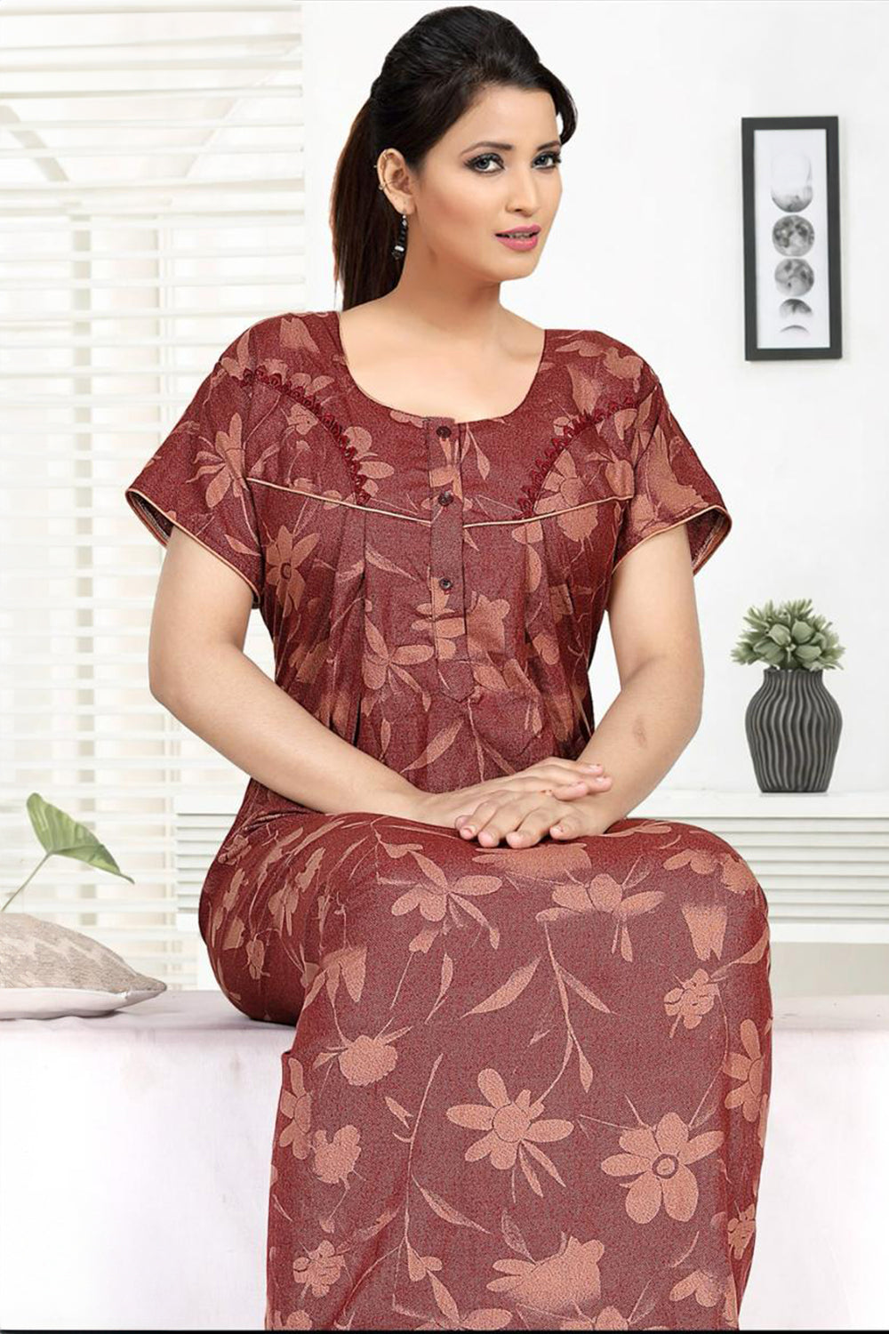 Women's Alpine Pure Cotton Printed Nighty | Round Neck Short Sleeve Full Length Night Gown for Women | Relax Fit Soft Cotton Sleepwear - 3048
