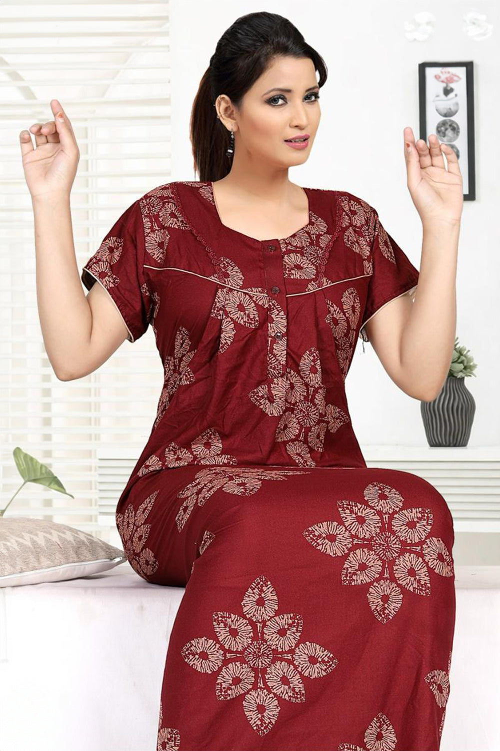 Women's Alpine Pure Cotton Printed Nighty | Round Neck Short Sleeve Full Length Night Gown for Women | Relax Fit Soft Cotton Sleepwear - 3049