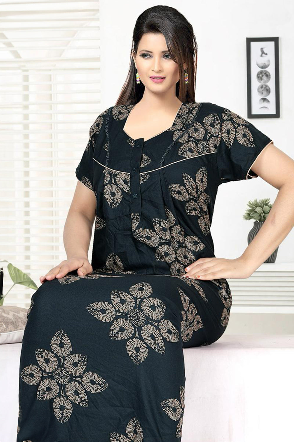Women's Alpine Pure Cotton Printed Nighty | Round Neck Short Sleeve Full Length Night Gown for Women | Relax Fit Soft Cotton Sleepwear - 3049