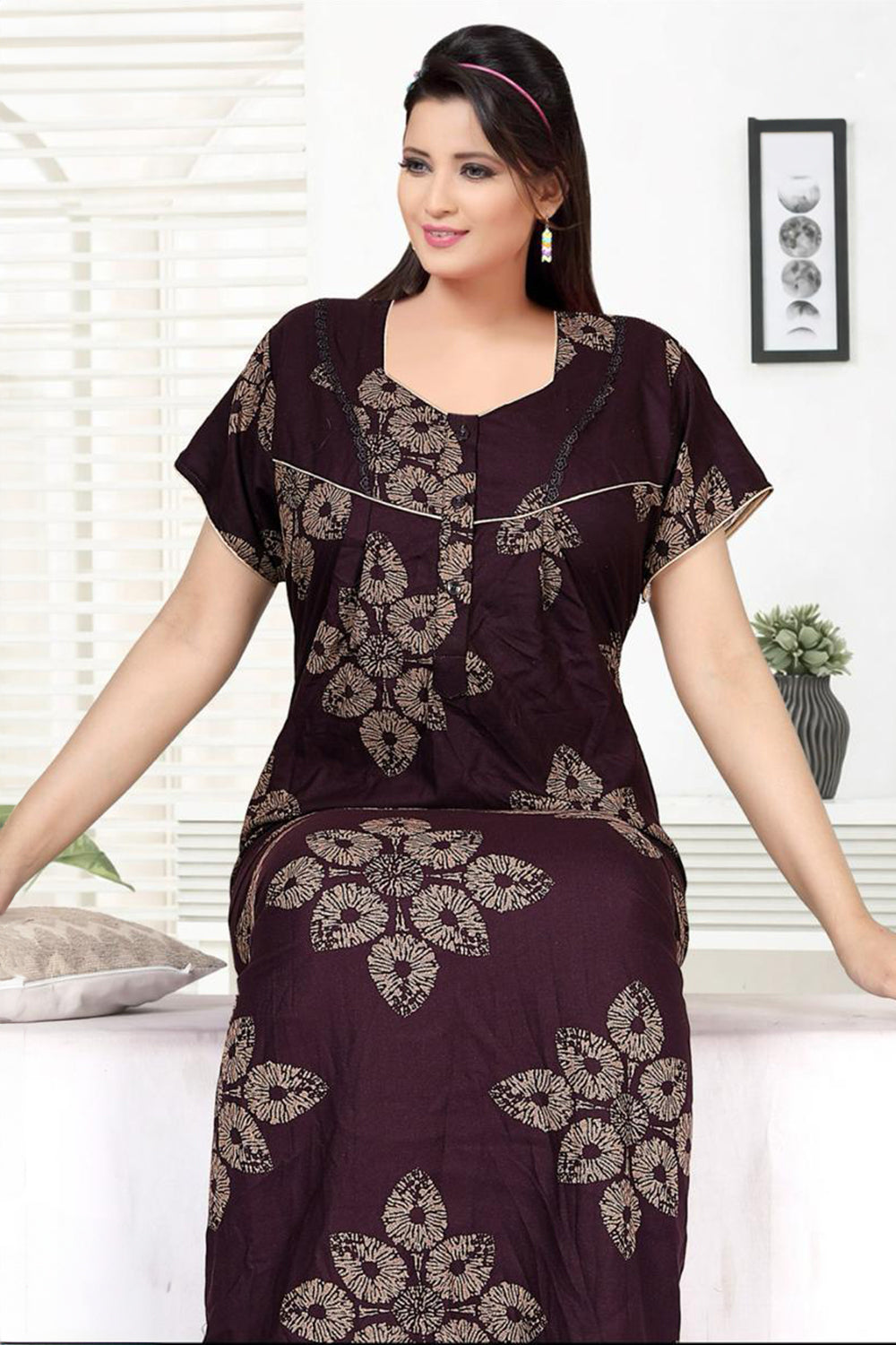 Women's Alpine Pure Cotton Printed Nighty | Round Neck Short Sleeve Full Length Night Gown for Women | Relax Fit Soft Cotton Sleepwear - 3049