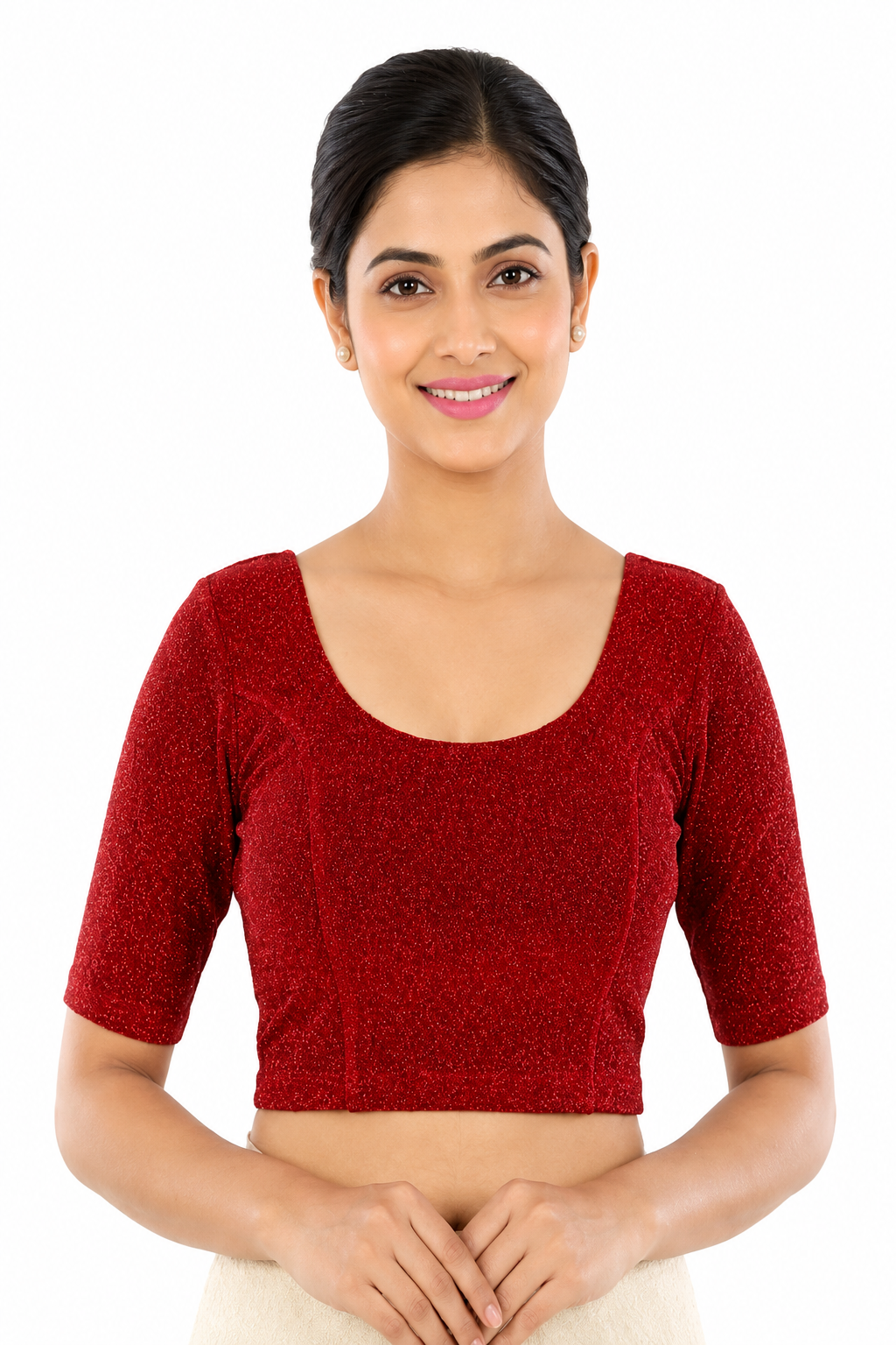 Women's Stretchable Shimmer Princess Cut Saree Blouse – Round Neck Readymade Party Wear Blouse - 2426B