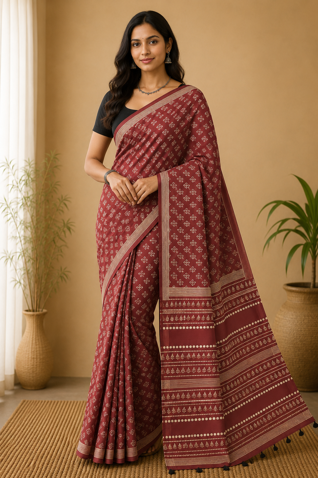 Women's Pure Cotton Jaipur Print Saree with Blouse | Soft Cotton Printed Saree for Women | Traditional, Casual & Festive Ethnic Wear - Rust - 3105