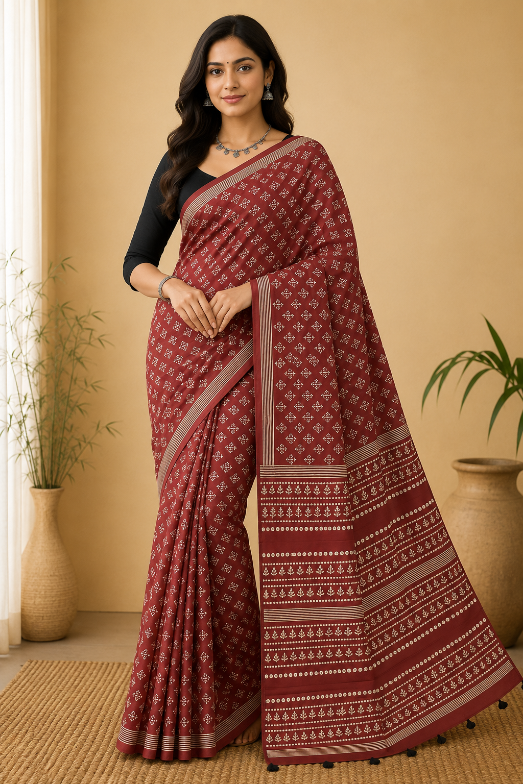 Women's Pure Cotton Jaipur Print Saree with Blouse | Soft Cotton Printed Saree for Women | Traditional, Casual & Festive Ethnic Wear - Rust - 3135