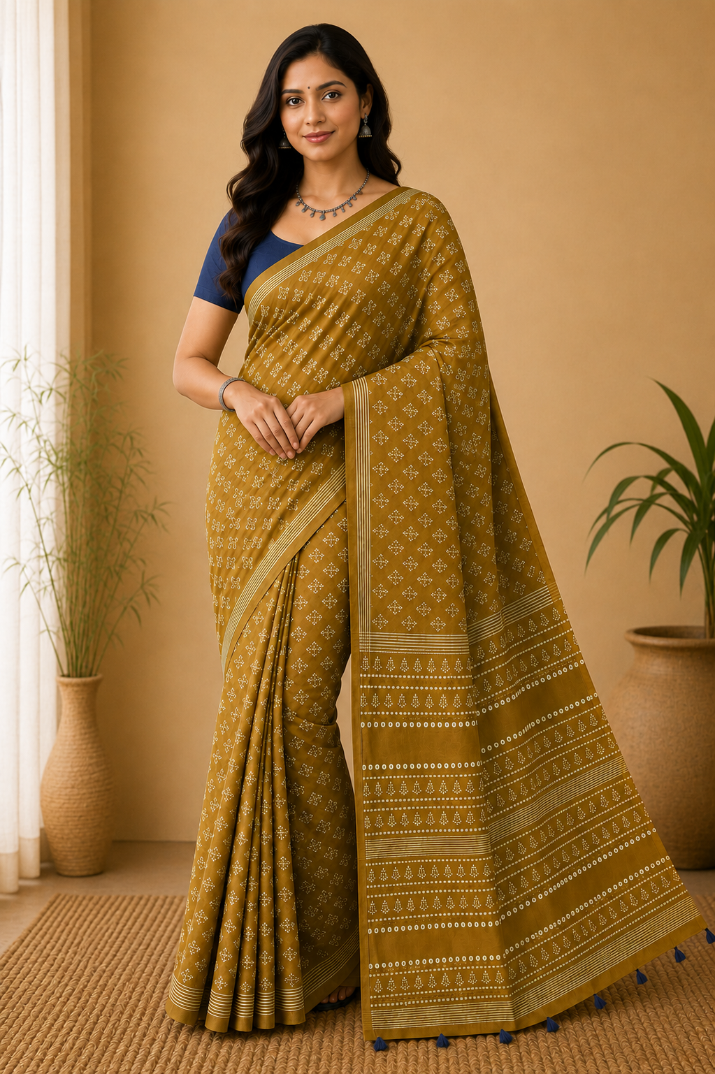 Women's Pure Cotton Jaipur Print Saree with Blouse | Soft Cotton Printed Saree for Women | Traditional, Casual & Festive Ethnic Wear - Mustard - 3135