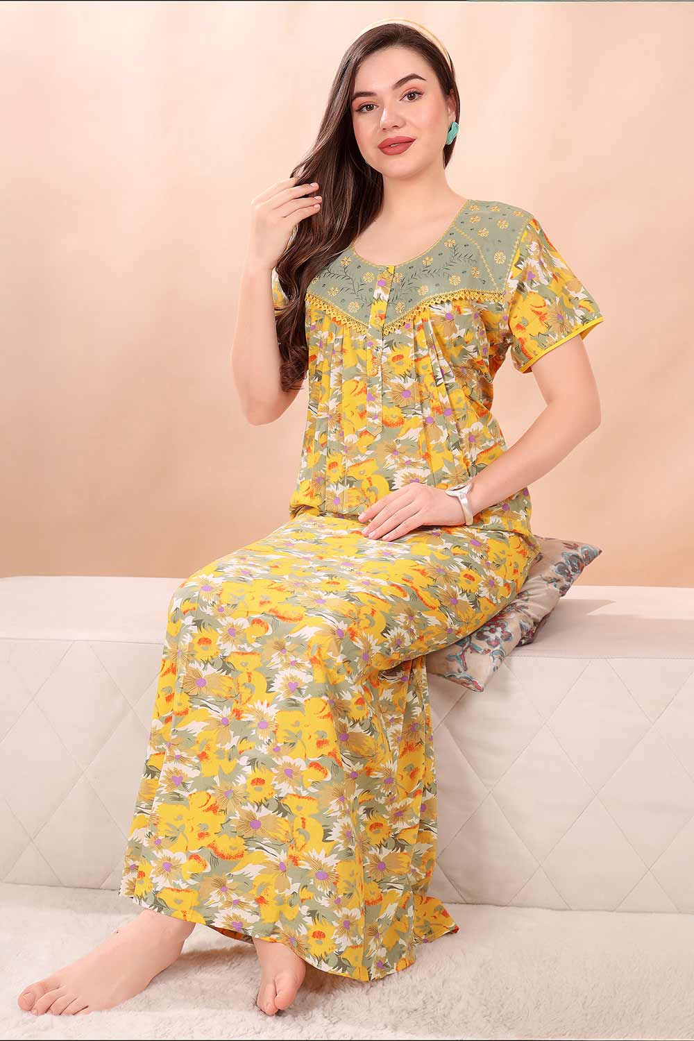 Women’s Nighty | Soft Blended Fabric Comfortable Nightwear & Stylish Sleepwear - Yellow - 3161