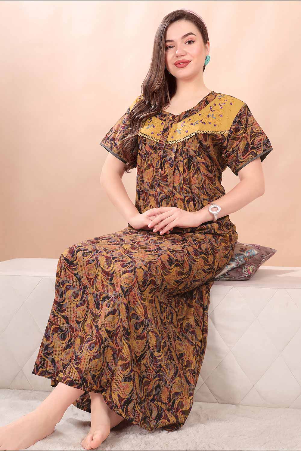 Women’s Nighty | Soft Blended Fabric Comfortable Nightwear & Stylish Sleepwear - Mustard - 3171