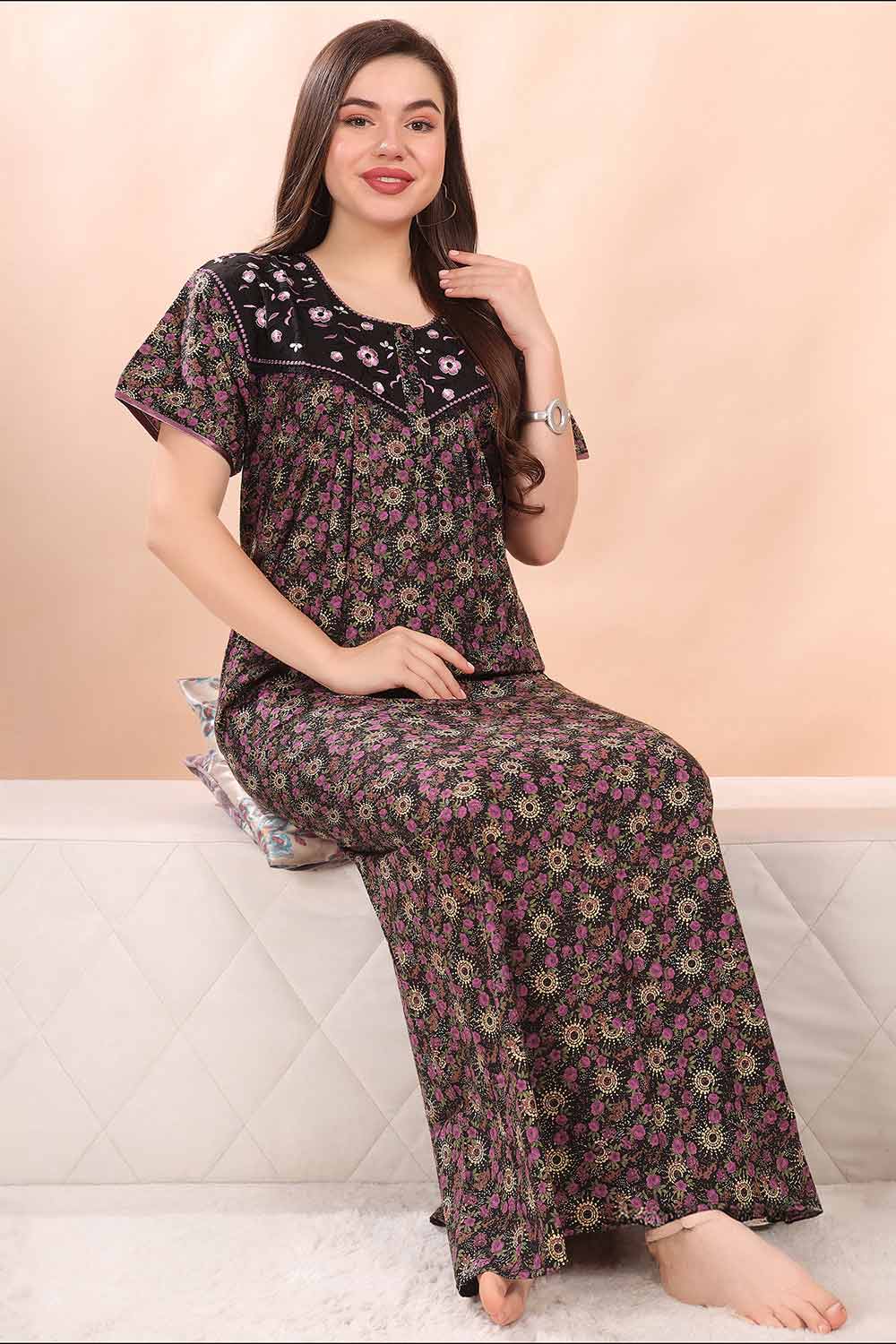 Women’s Nighty | Soft Blended Fabric Comfortable Nightwear & Stylish Sleepwear - Purple - 3182