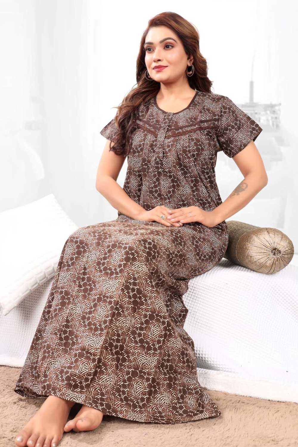 Naidu Hall Women’s Printed Pleated Nighty – Relax Fit Poly Viscose Full Length Nightwear with Round Neck | Comfortable Daily Wear - 3248