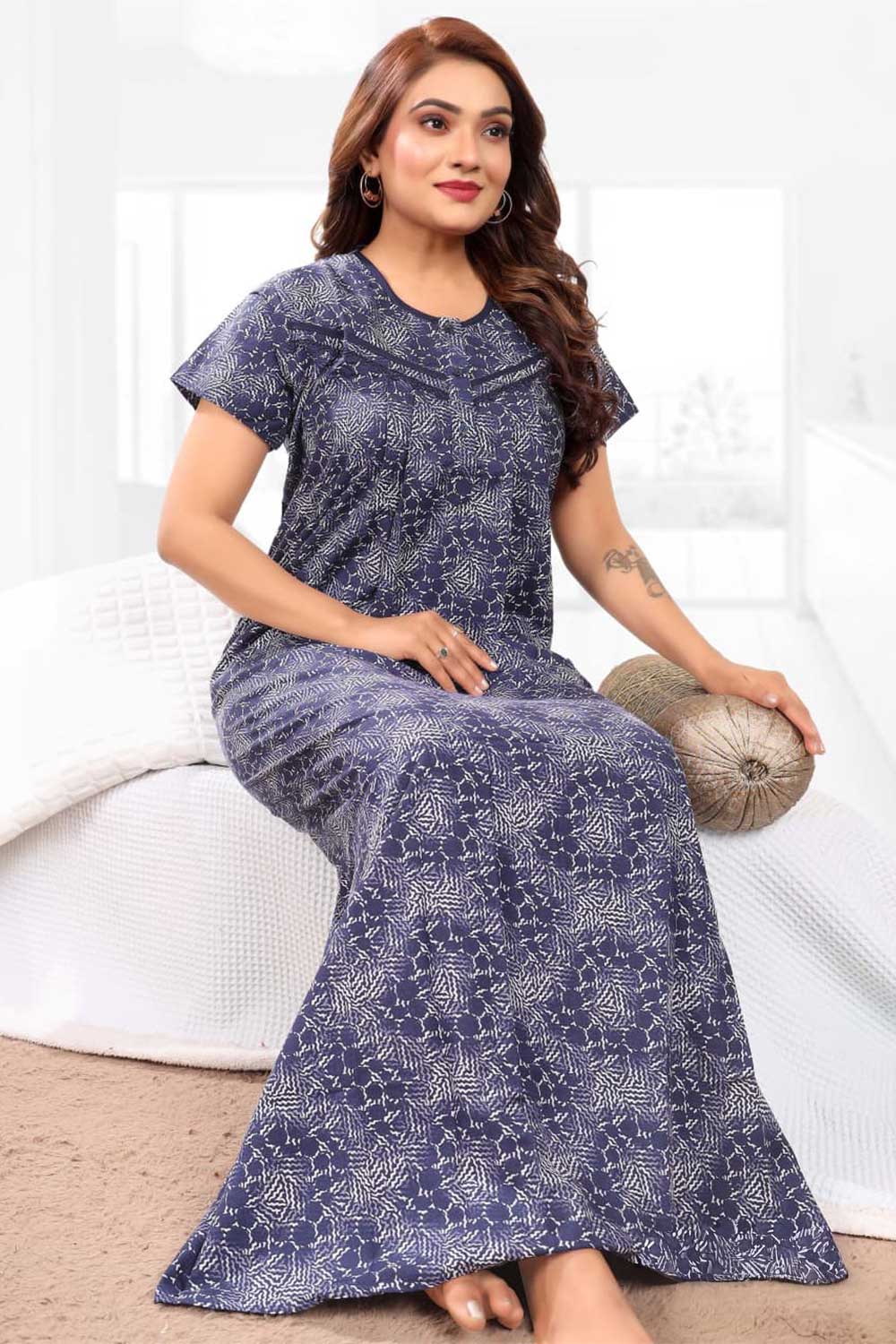 Naidu Hall Women’s Printed Pleated Nighty – Relax Fit Poly Viscose Full Length Nightwear with Round Neck | Comfortable Daily Wear - 3248