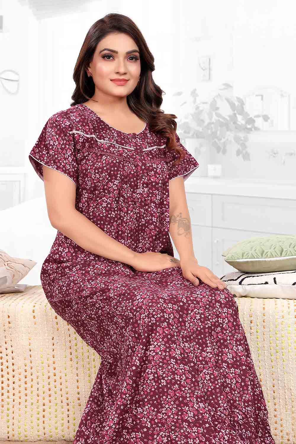 Women’s Nighty | Soft Blended Fabric Comfortable Nightwear & Stylish Sleepwear - Wine - 3357