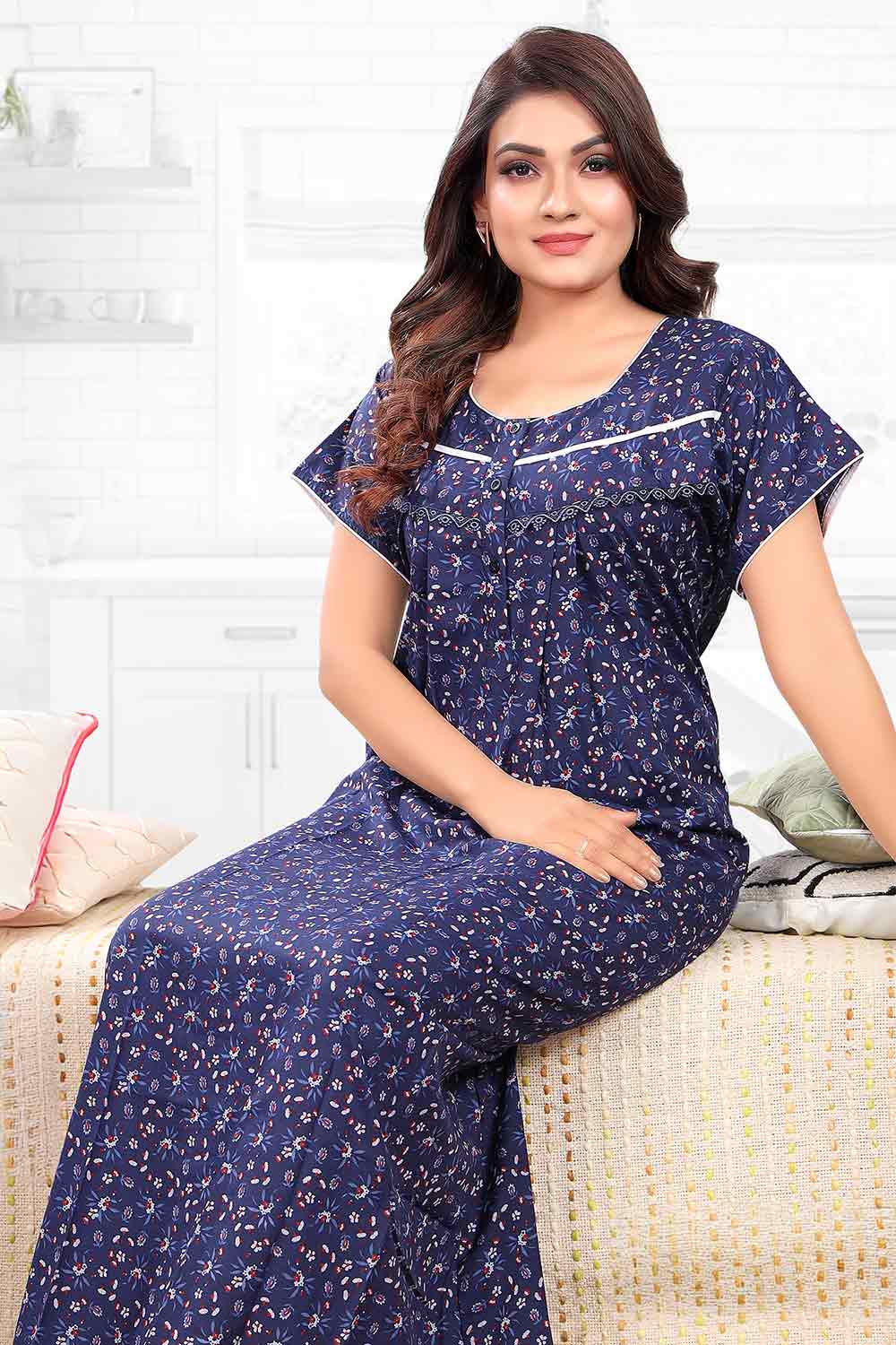 Women’s Nighty | Soft Blended Fabric Comfortable Nightwear & Stylish Sleepwear - Blue - 3357