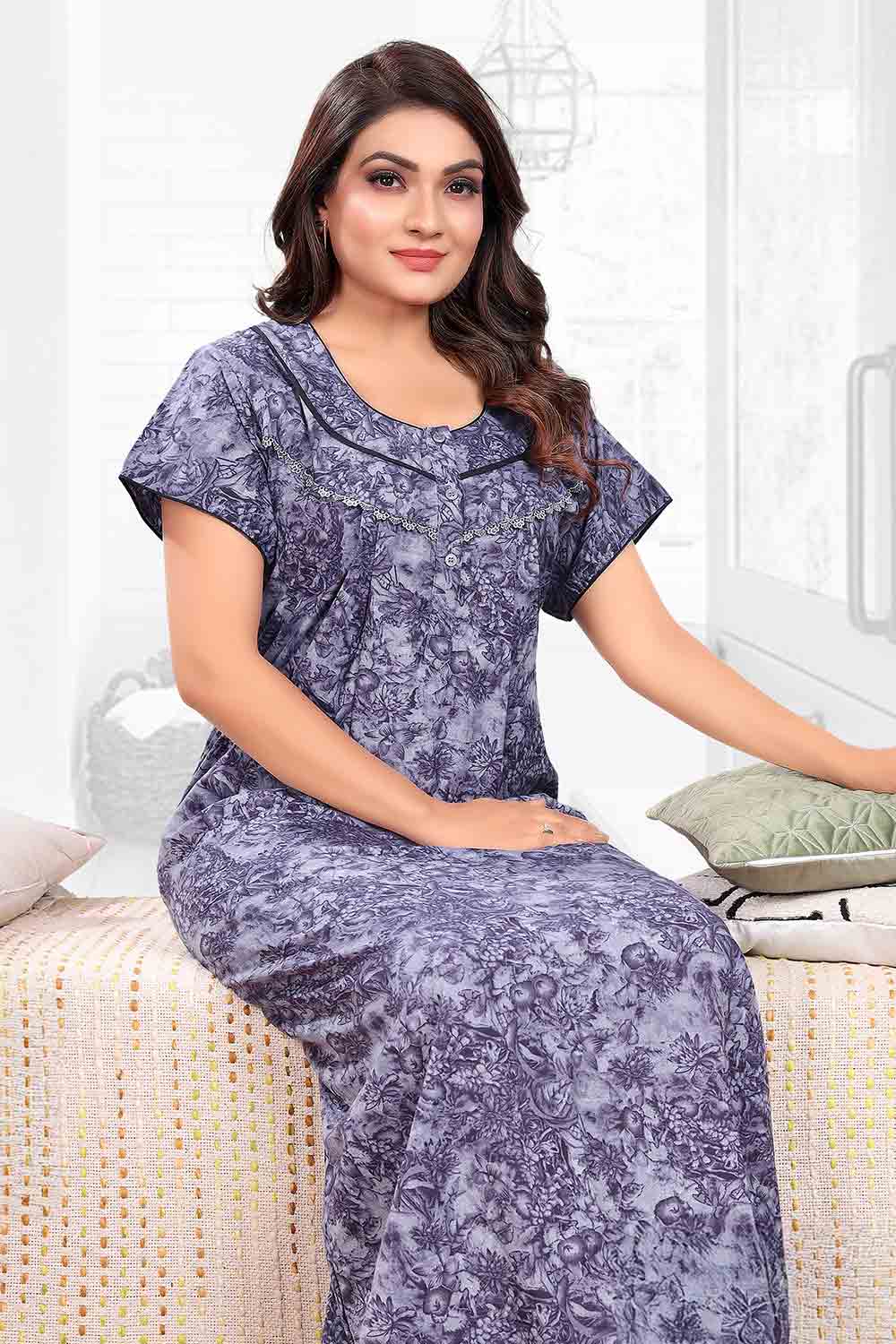 Women’s Nighty | Soft Blended Fabric Comfortable Nightwear & Stylish Sleepwear - Dark Blue - 3368