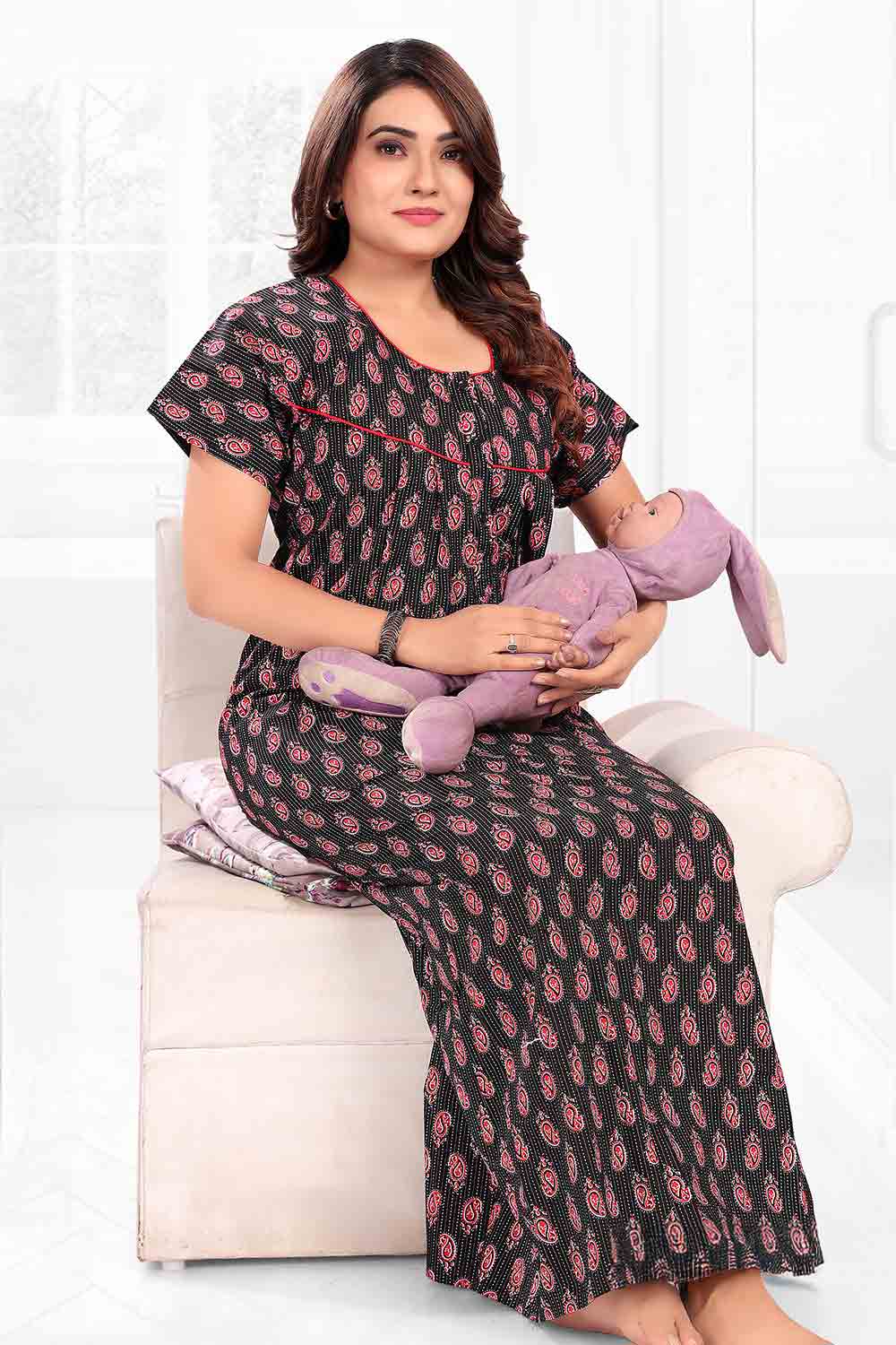 Feeding Nighty for Women | Comfortable Maternity & Nursing Nightwear with Front Opening - Black - 3370