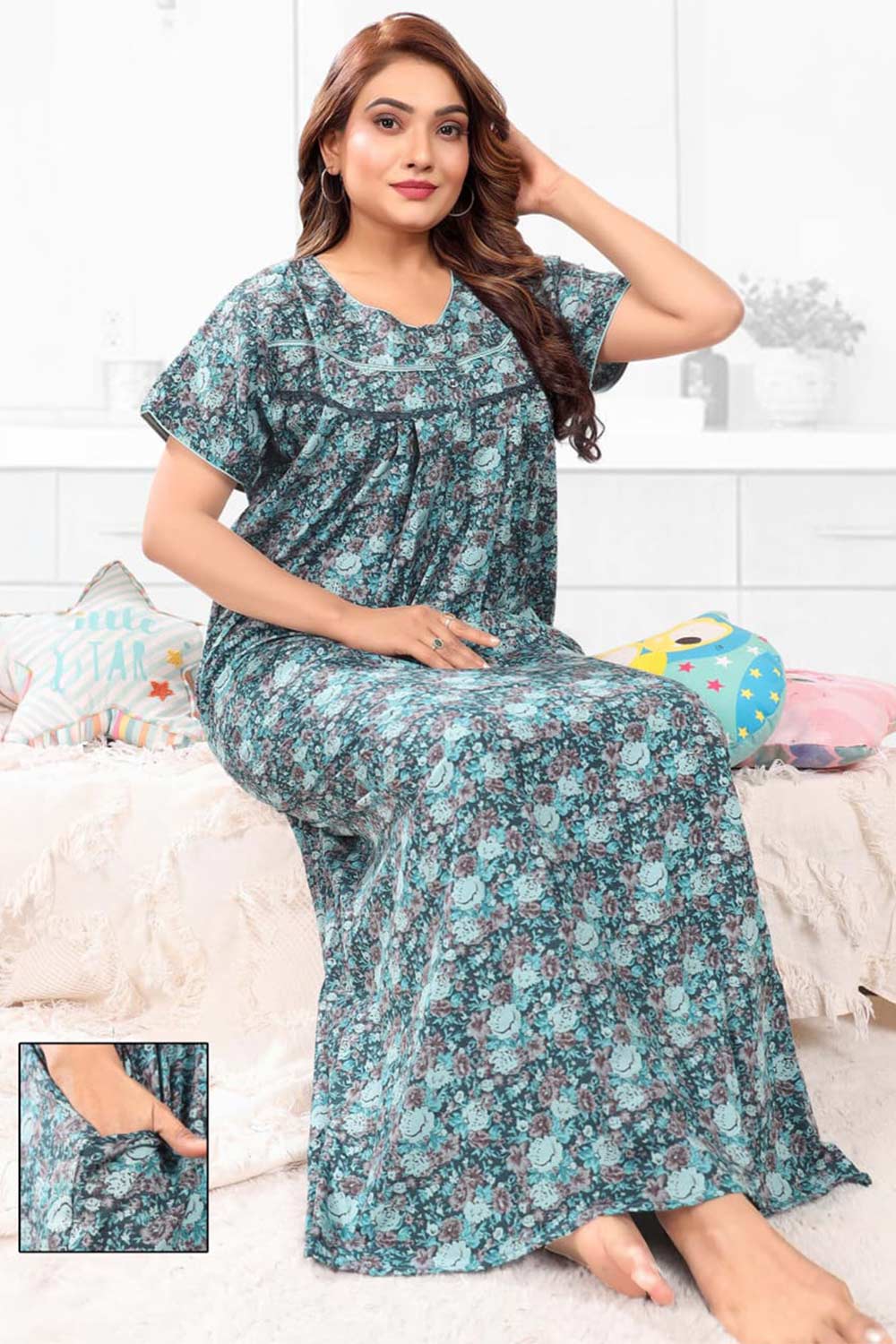 Naidu Hall Women’s Printed Pleated Nighty – Relax Fit Poly Viscose Full Length Nightwear with Round Neck | Comfortable Daily Wear - 3396