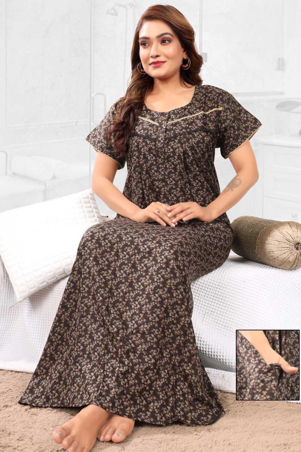 Naidu Hall Women’s Printed Pleated Nighty – Relax Fit Poly Viscose Full Length Nightwear with Round Neck | Comfortable Daily Wear - 3397