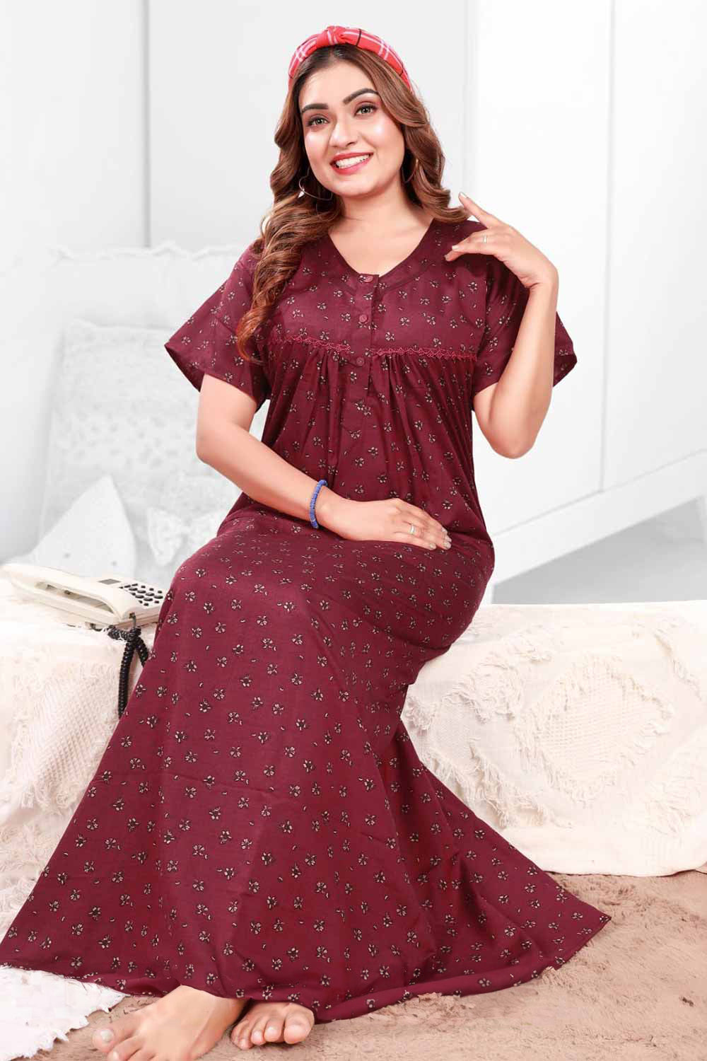 Naidu Hall Women’s Printed Pleated Nighty – Relax Fit Poly Viscose Full Length Nightwear with Round Neck | Comfortable Daily Wear - 3403