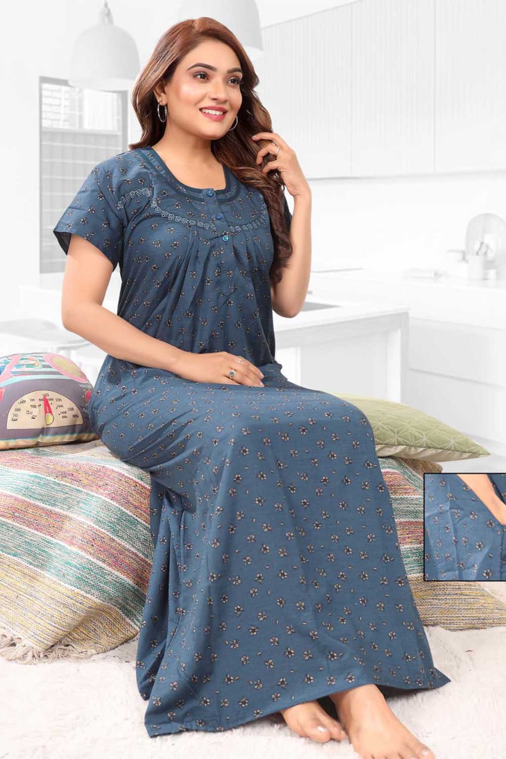 Naidu Hall Women’s Printed Pleated Nighty – Relax Fit Poly Viscose Full Length Nightwear with Round Neck | Comfortable Daily Wear - 3403