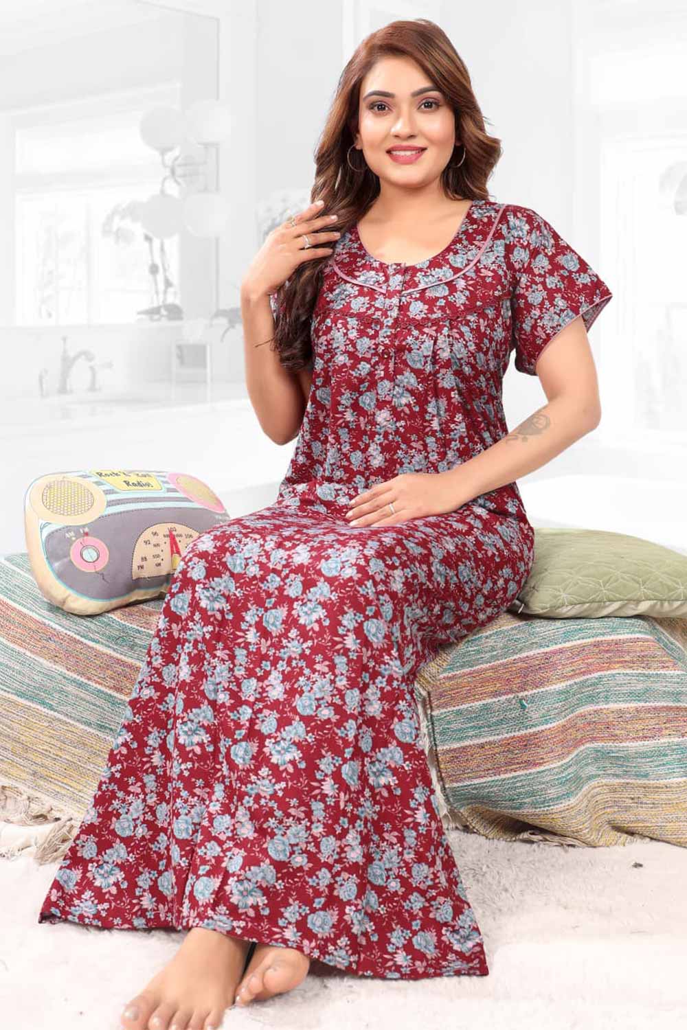 Naidu Hall Women’s Printed Pleated Nighty – Relax Fit Poly Viscose Full Length Nightwear with Round Neck | Comfortable Daily Wear - 3416