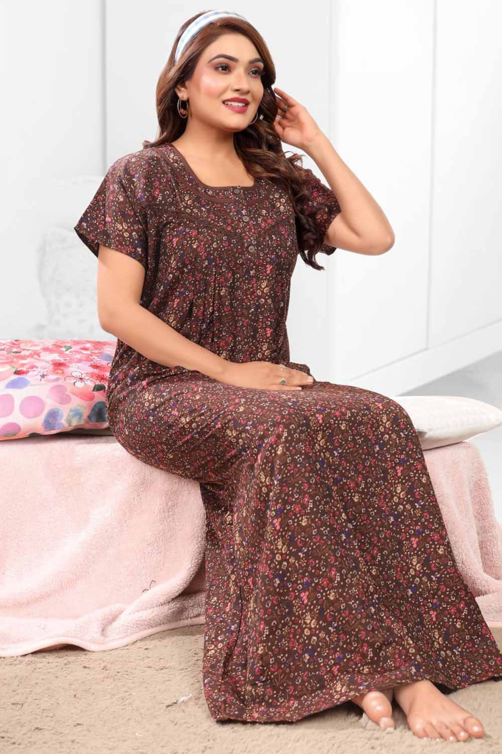 Naidu Hall Women’s Printed Pleated Nighty – Relax Fit Poly Viscose Full Length Nightwear with Round Neck | Comfortable Daily Wear - 3435