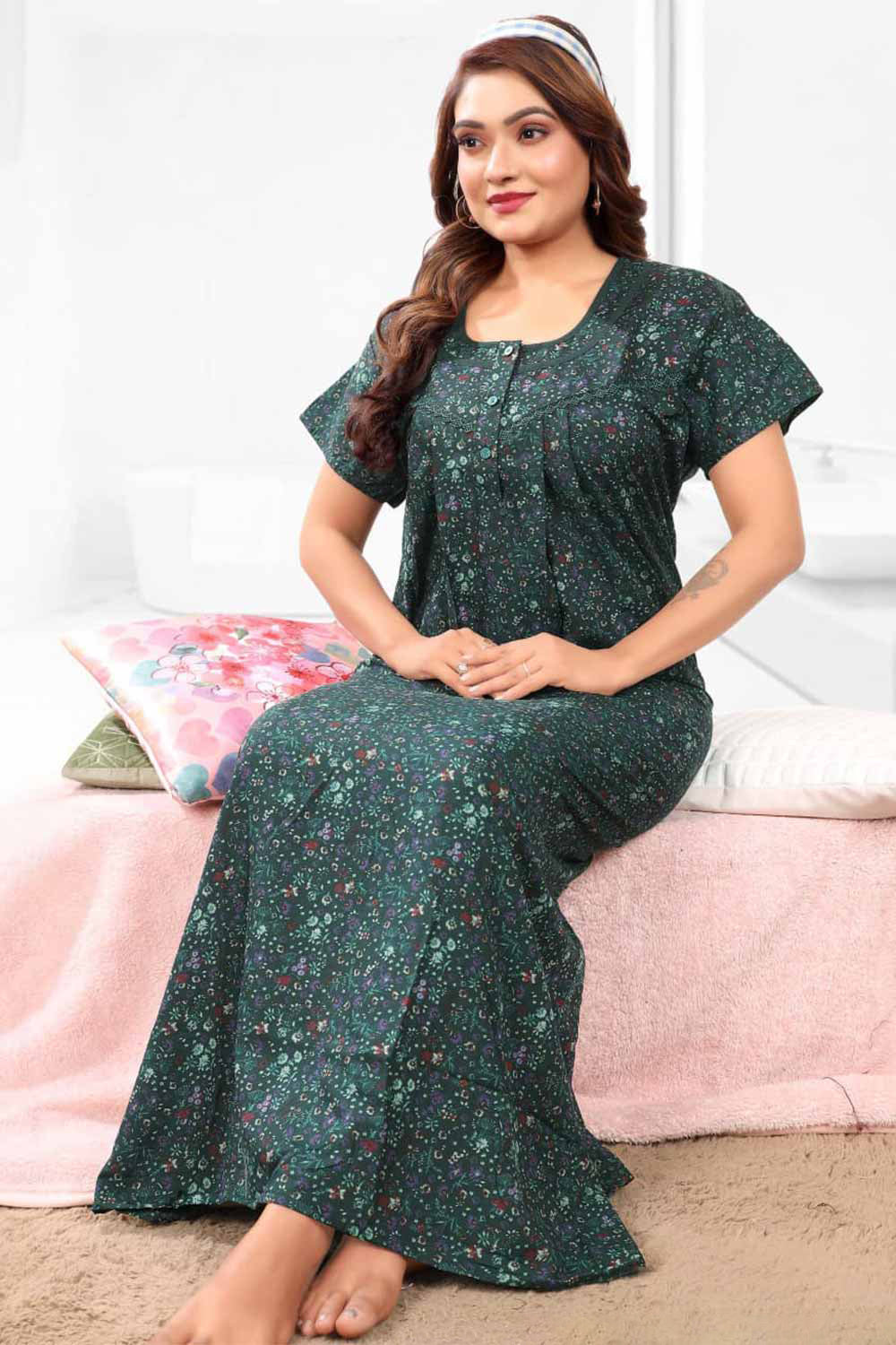 Naidu Hall Women’s Printed Pleated Nighty – Relax Fit Poly Viscose Full Length Nightwear with Round Neck | Comfortable Daily Wear - 3435