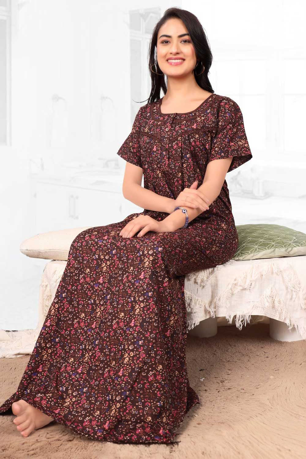 Naidu Hall Women’s Printed Pleated Nighty – Relax Fit Poly Viscose Full Length Nightwear with Round Neck | Comfortable Daily Wear - 3435