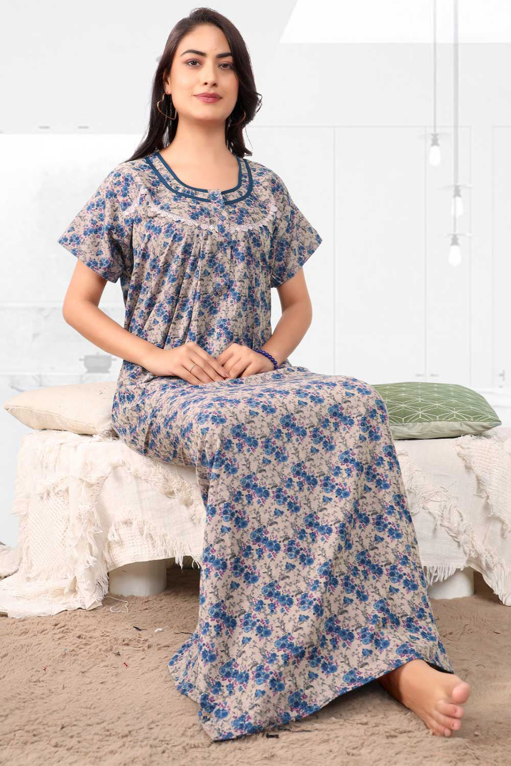 Naidu Hall Women’s Printed Pleated Nighty – Relax Fit Poly Viscose Full Length Nightwear with Round Neck | Comfortable Daily Wear - 3437