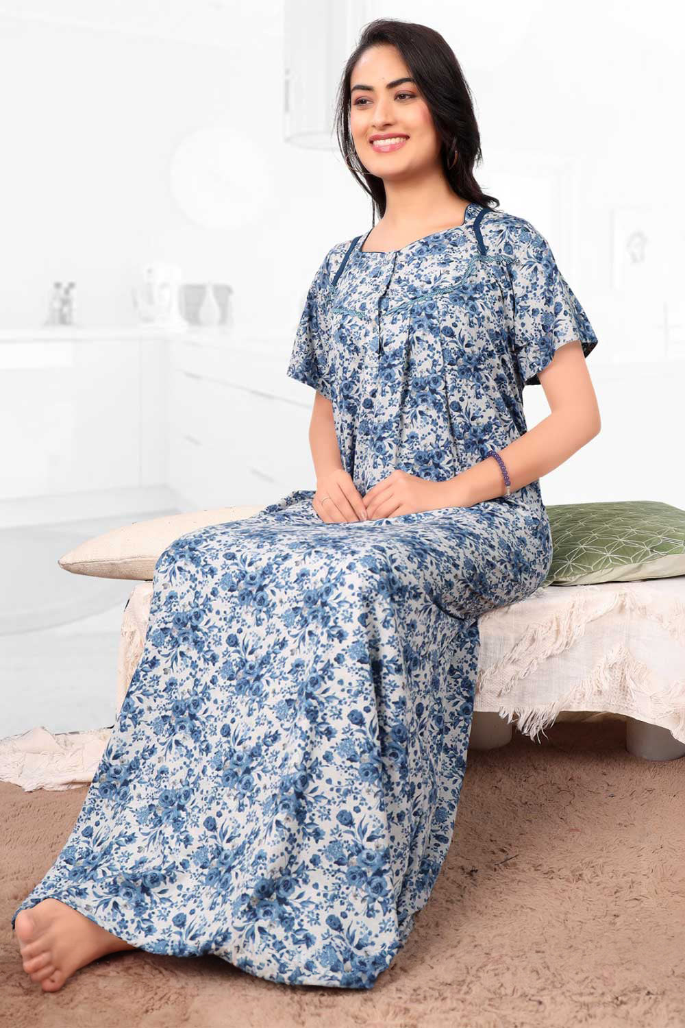 Naidu Hall Women’s Printed Pleated Nighty – Relax Fit Poly Viscose Full Length Nightwear with Round Neck | Comfortable Daily Wear - 3440