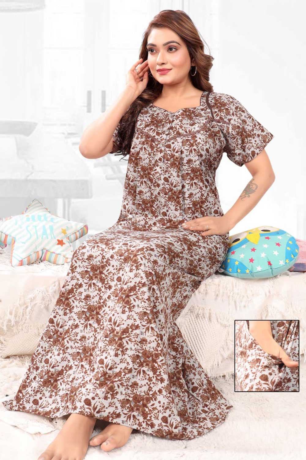Naidu Hall Women’s Printed Pleated Nighty – Relax Fit Poly Viscose Full Length Nightwear with Round Neck | Comfortable Daily Wear - 3440