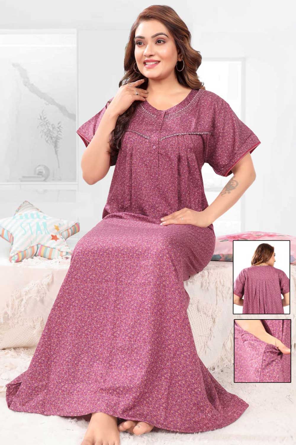 Naidu Hall Women’s Printed Pleated Nighty – Relax Fit Poly Viscose Full Length Nightwear with Round Neck | Comfortable Daily Wear - 3441