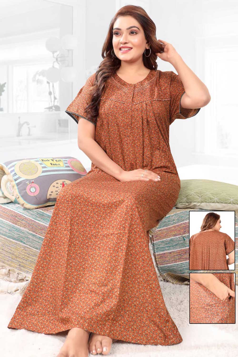 Naidu Hall Women’s Printed Pleated Nighty – Relax Fit Poly Viscose Full Length Nightwear with Round Neck | Comfortable Daily Wear - 3441